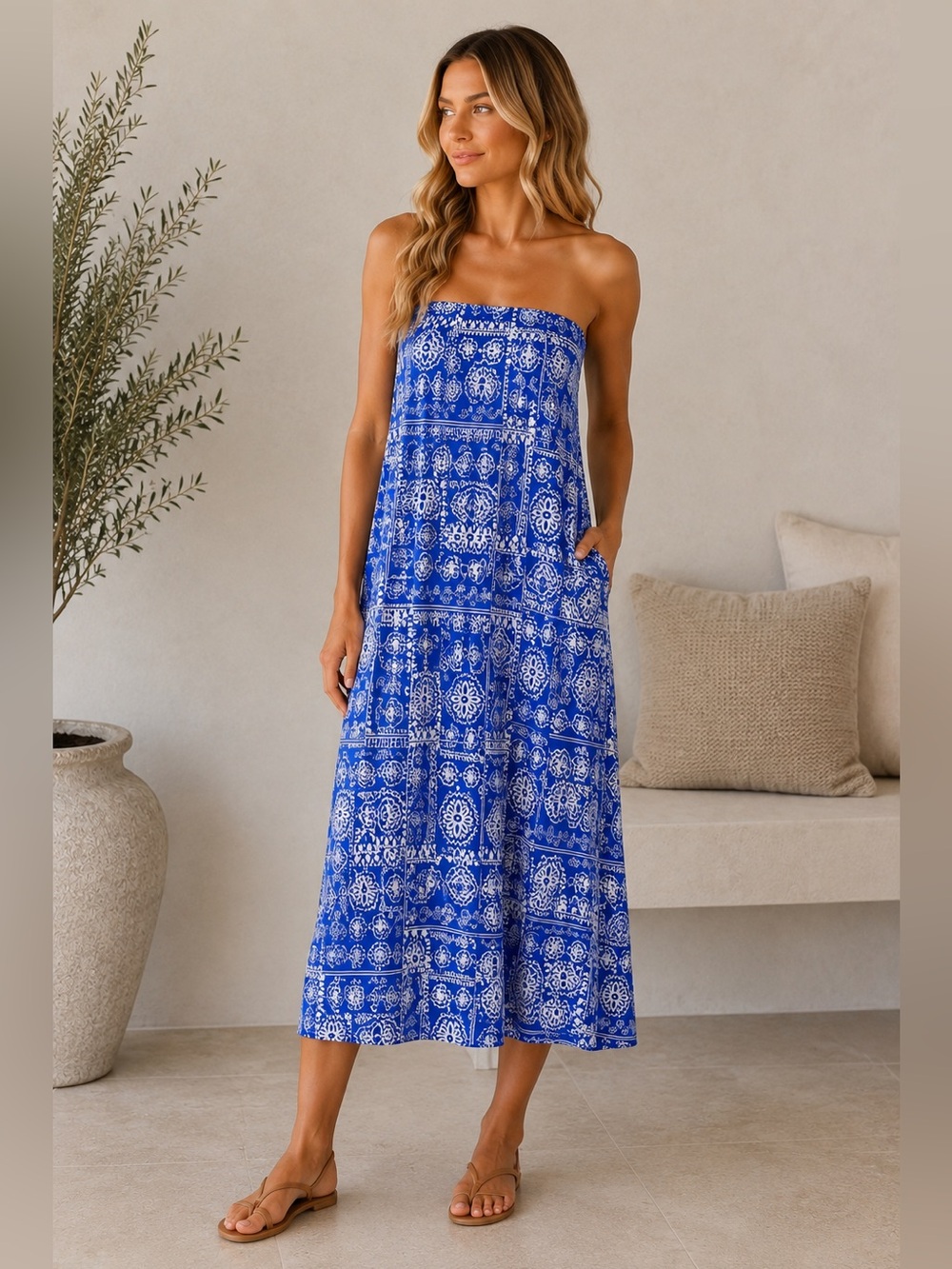 Aakaa Royal Blue and White Printed Maxi Skirt